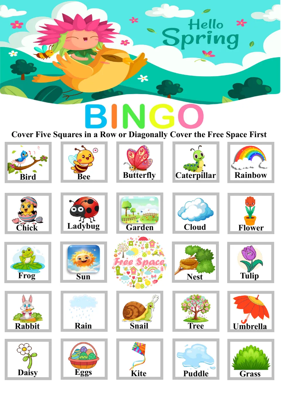 Hello Spring bingo card: students cover five spring picture words in a row; top row is Bird, Bee, Butterfly, Caterpillar