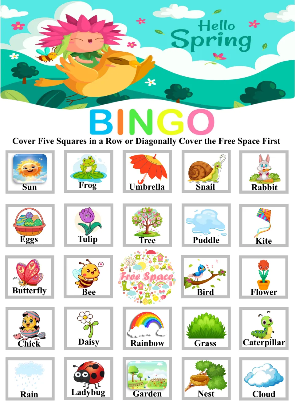 Spring bingo card with a free space center; top row reads Sun, Frog, Umbrella, Snail, Rabbit, each word under a picture
