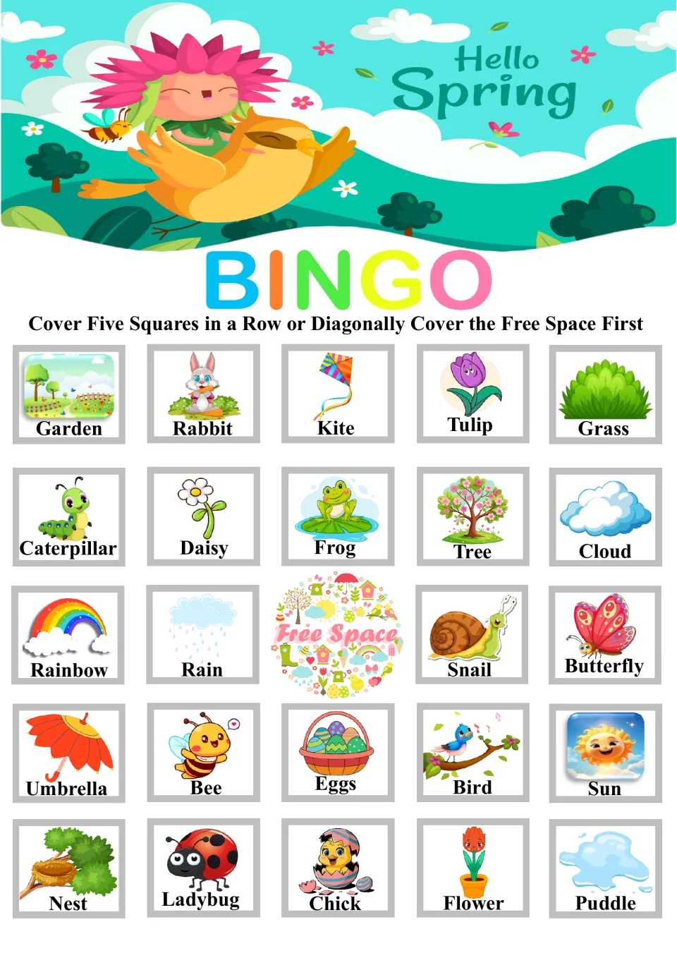 Spring picture-word bingo card: cover the free space first, then five in a row; starts Garden, Rabbit, Kite, Tulip, Grass
