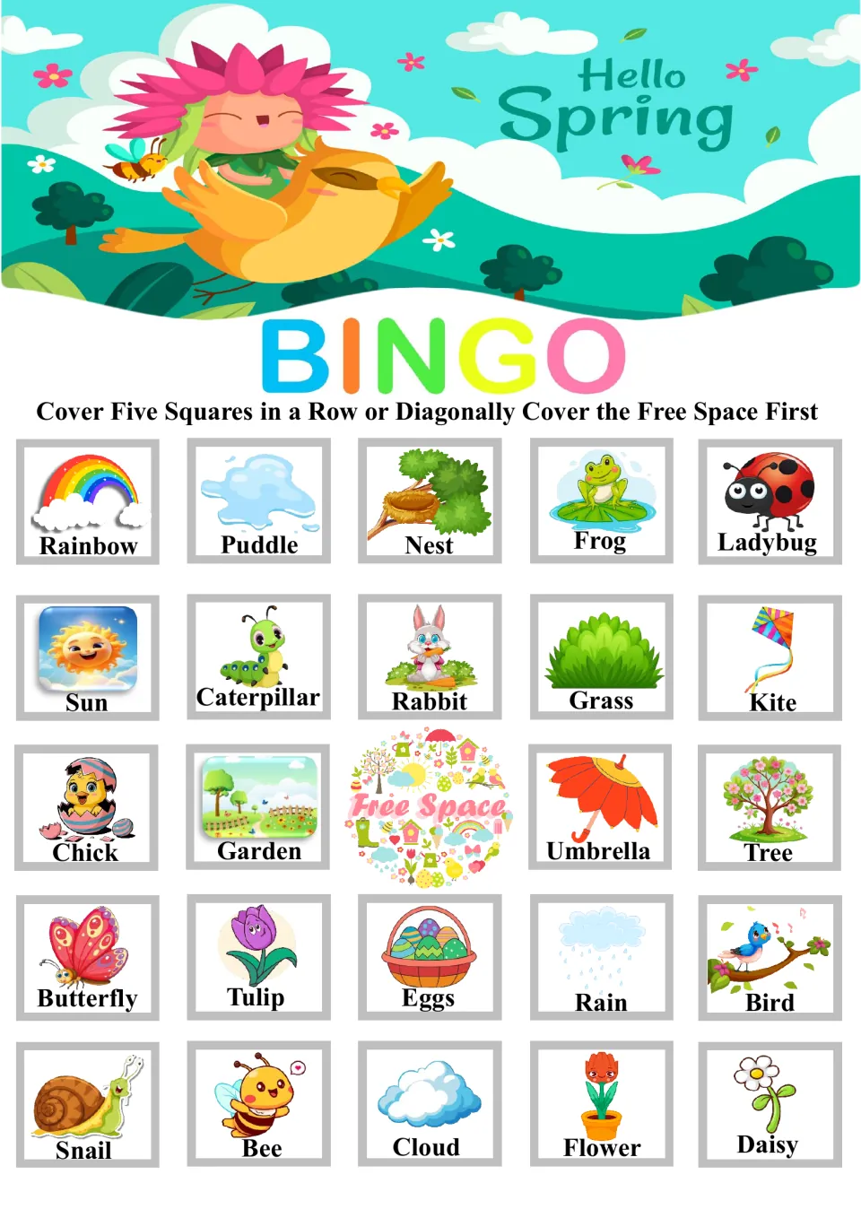 Hello Spring bingo board matching called words to pictures; first row shows Rainbow, Puddle, Nest, Frog and Ladybug