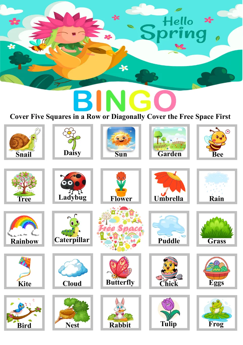 Spring word bingo card: students cover a row or diagonal of five; top row is Snail, Daisy, Sun, Garden and Bee