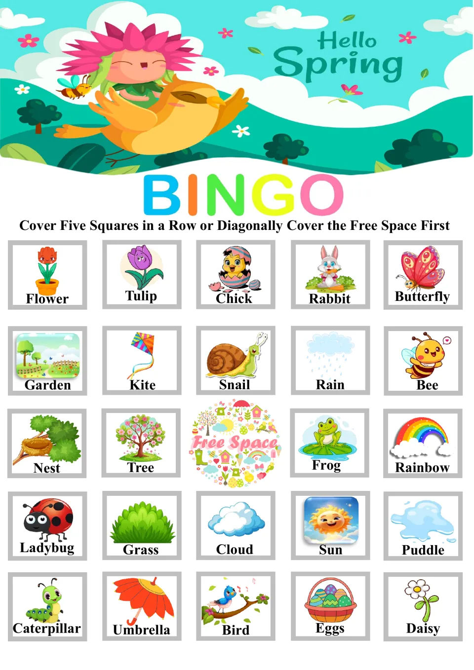 Spring bingo card where students cover called pictures to win; top row shows Flower, Tulip, Chick, Rabbit and Butterfly