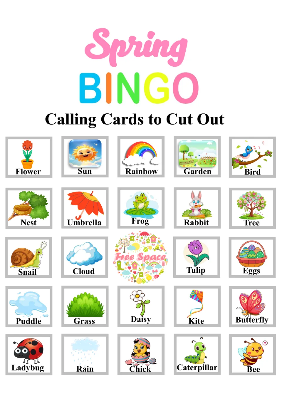 Spring bingo calling cards to cut out: 24 picture-word cards from Flower, Sun and Rainbow to Chick, Caterpillar and Bee