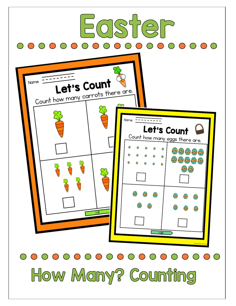 Easter How Many? Counting cover showing two Let's Count sheets: count carrots in sets to 5 and Easter eggs in sets to 20