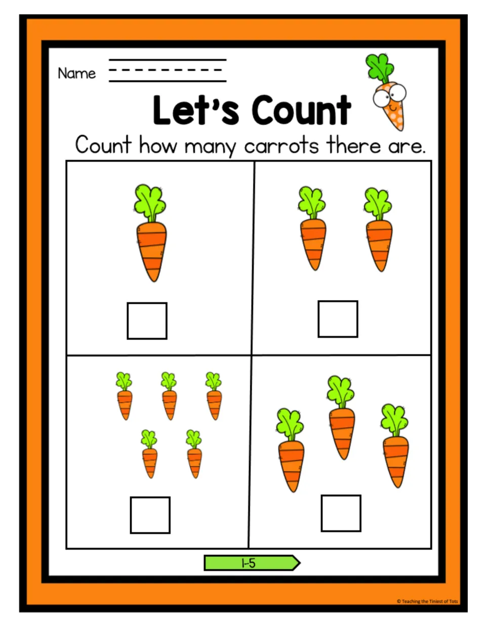 Let's Count carrots, 1-5: students count four sets of carrots (1, 2, 5 and 3) and write how many under each picture