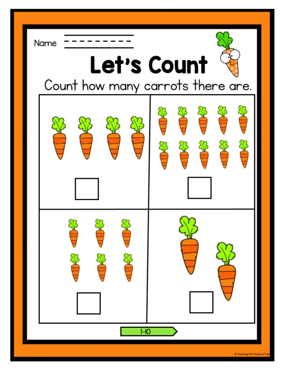 Let's Count carrots, 1-10: students count carrot sets of 4, 10, 6 and 2 and write each total, practising counting to 10
