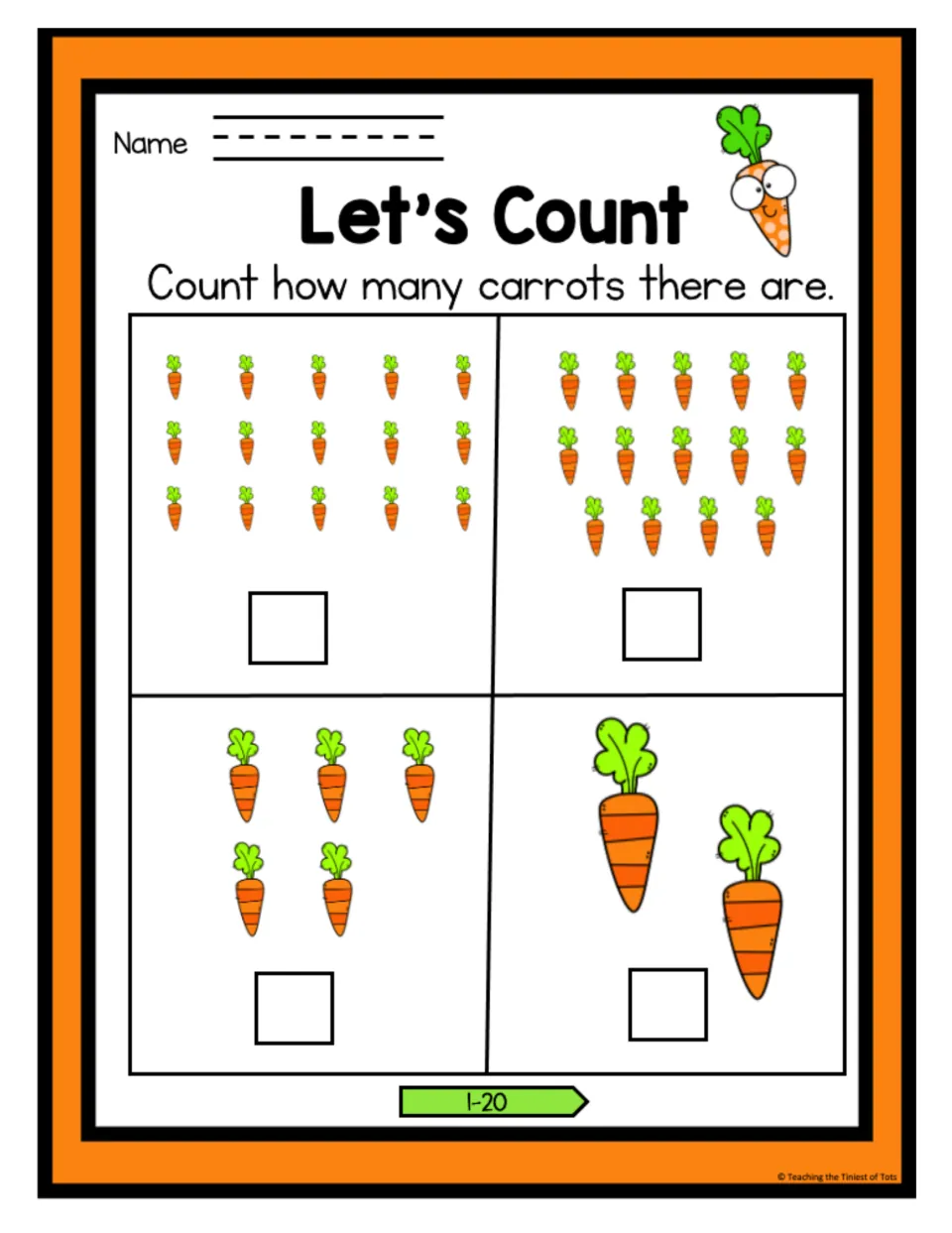 Let's Count carrots, 1-20: students count carrot sets of 15, 14, 5 and 2 and write each number, counting up to 20