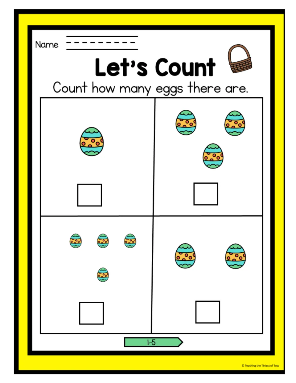Let's Count Easter eggs, 1-5: students count decorated eggs in sets of 1, 3, 4 and 2 and write how many for each set