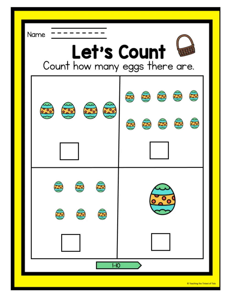 Let's Count Easter eggs, 1-10: students count egg sets of 4, 10, 6 and 1 and record each total, counting to 10