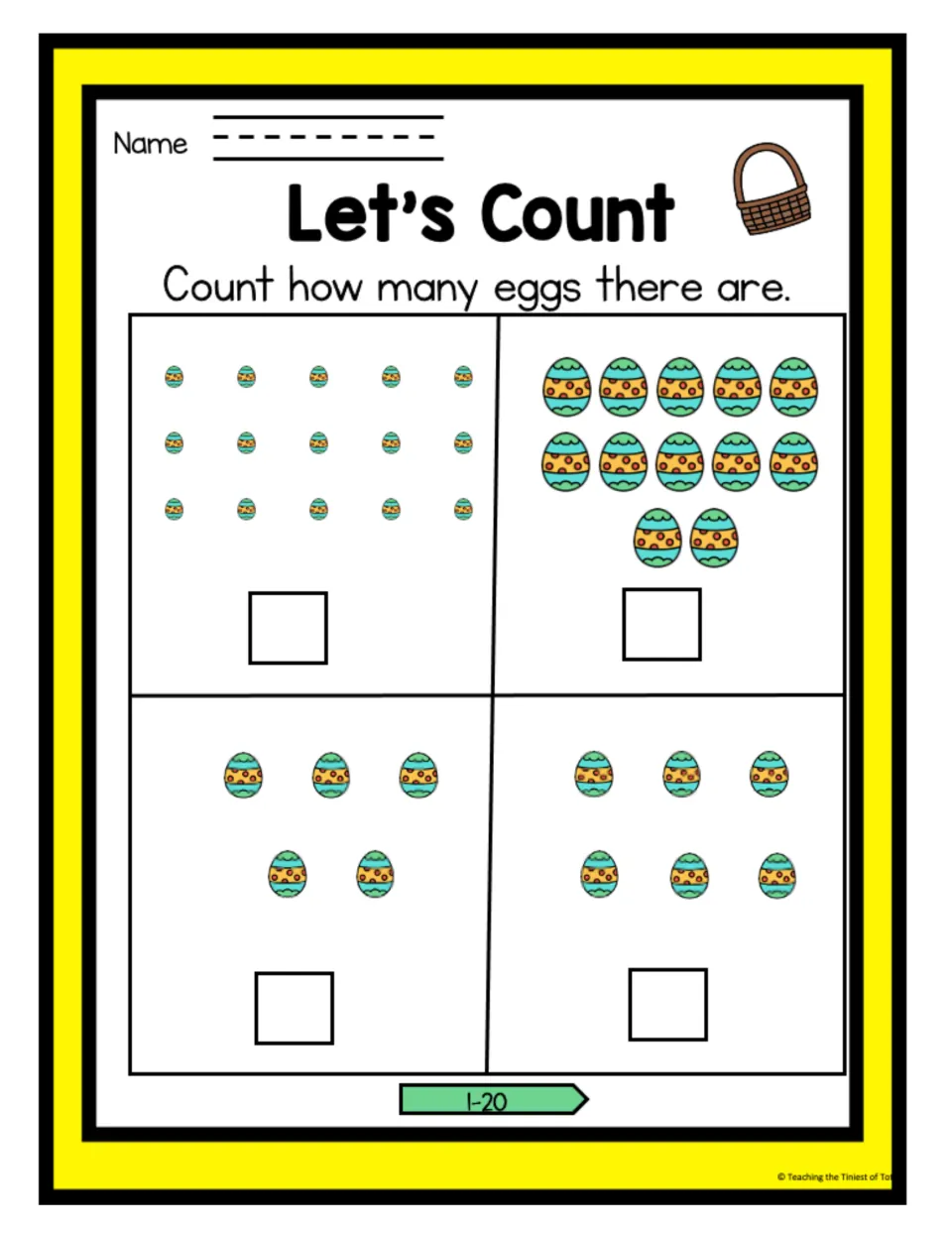 Let's Count Easter eggs, 1-20: students count egg sets of 15, 12, 5 and 6 and write each number, counting to 20
