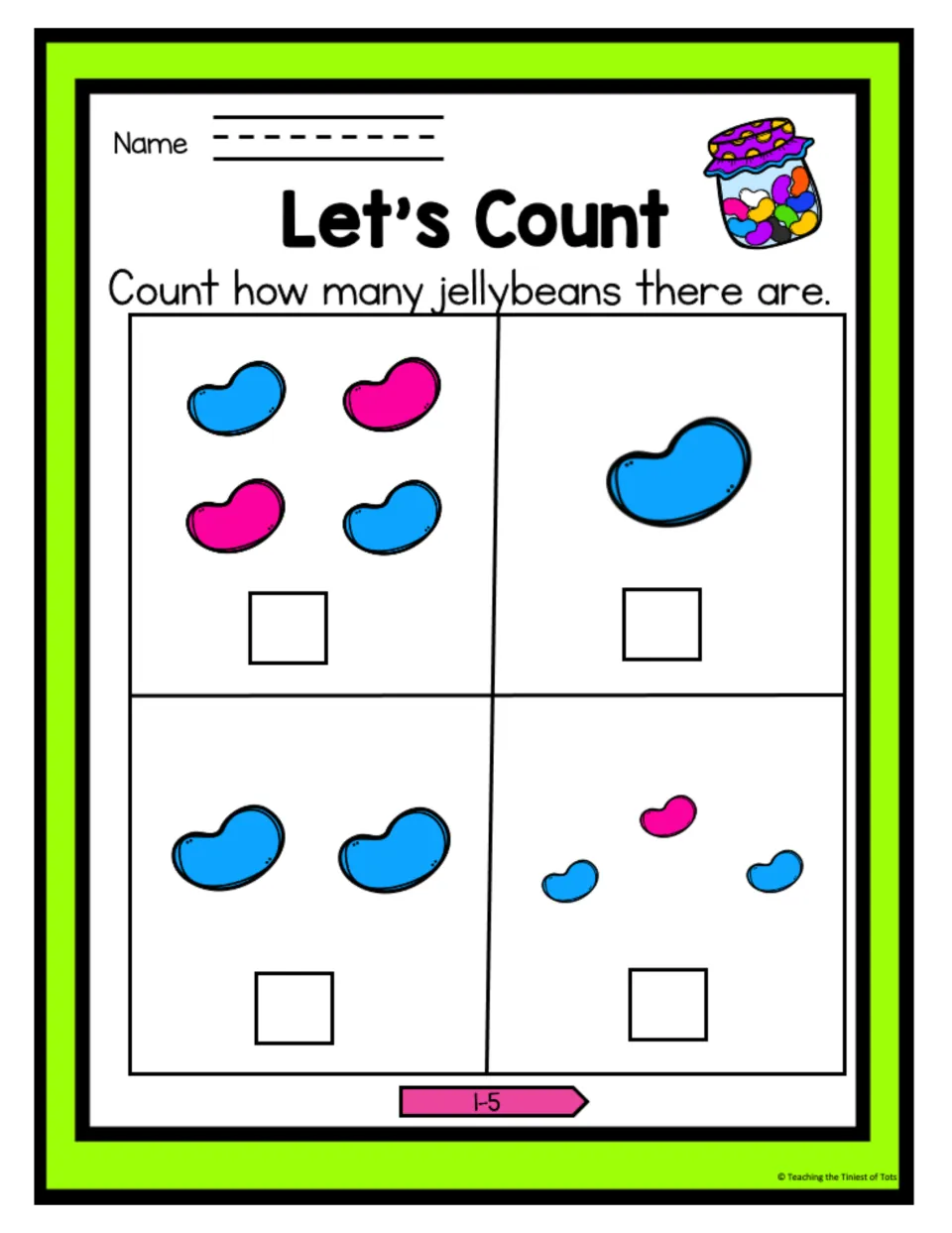 Let's Count jellybeans, 1-5: students count blue and pink jellybeans in sets of 4, 1, 2 and 3 and write each total