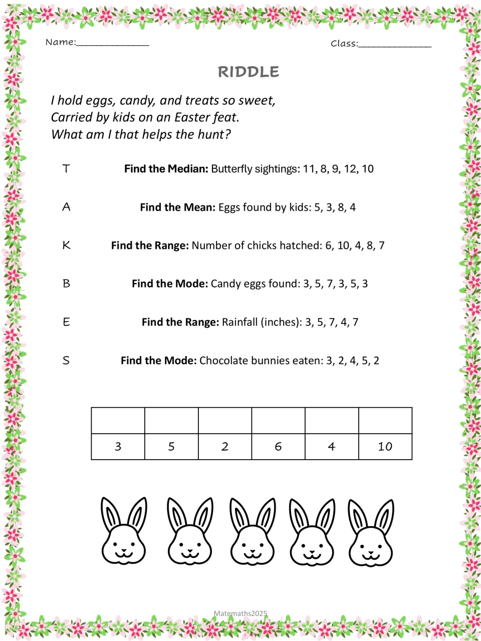 Easter egg hunt riddle: students find the mean, median, mode and range of six data sets to decode the answer