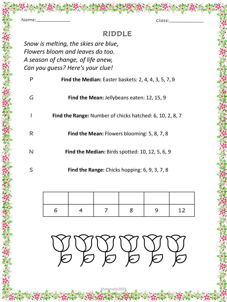 Season riddle: students find the mean, median and range of jellybean, flower and bird data to decode the answer