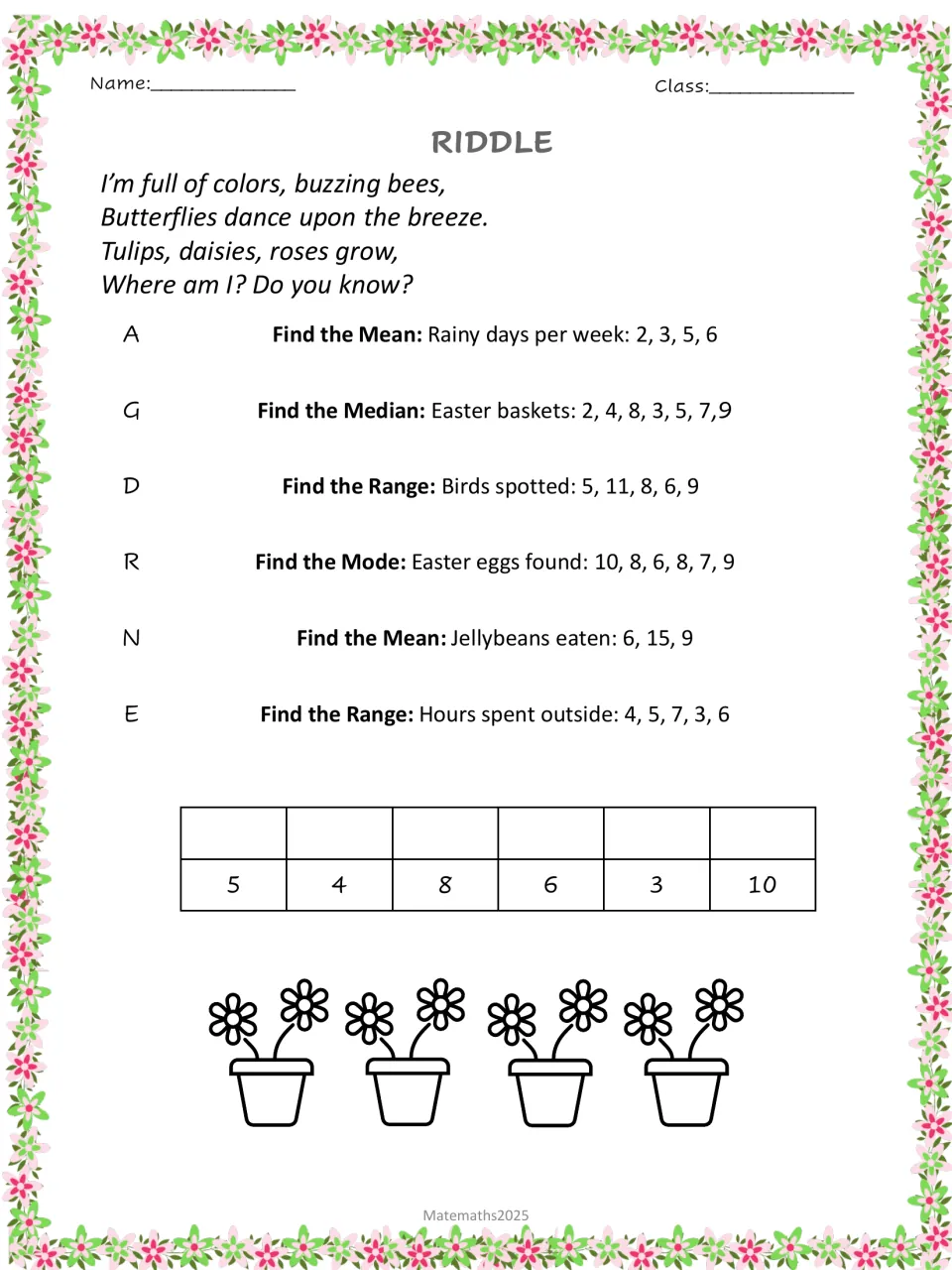 Flowers and bees riddle: students find mean, median, mode and range for rainy days, eggs and birds data