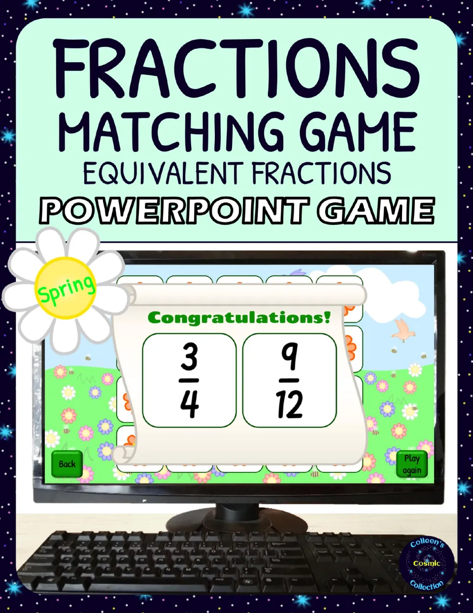 Cover of the spring equivalent fractions PowerPoint matching game, showing the matching pair 3/4 and 9/12.