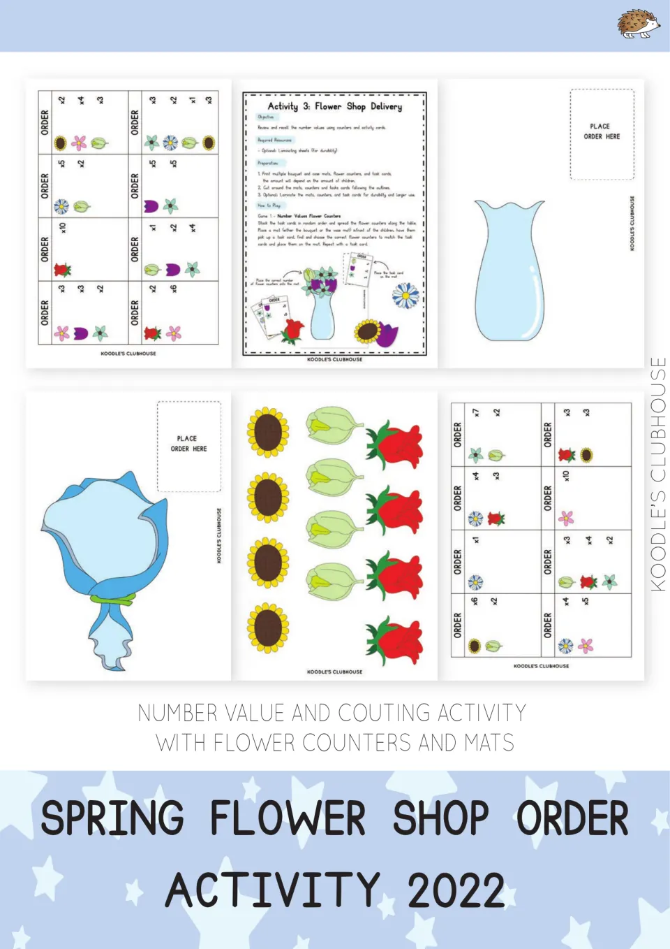Cover of the flower shop counting activity, showing order cards, flower counters, and bouquet and vase mats