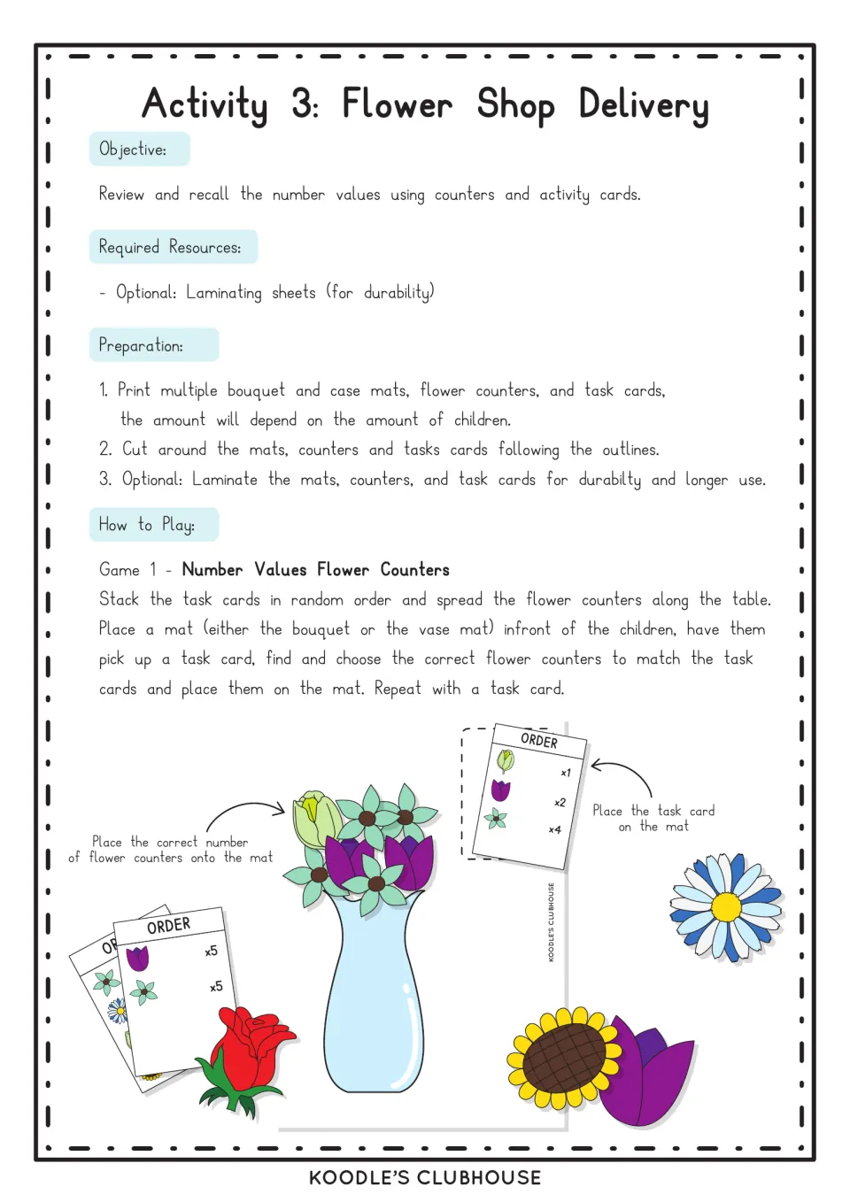 Flower Shop Delivery instructions explain choosing a task card and matching flower counters on a mat