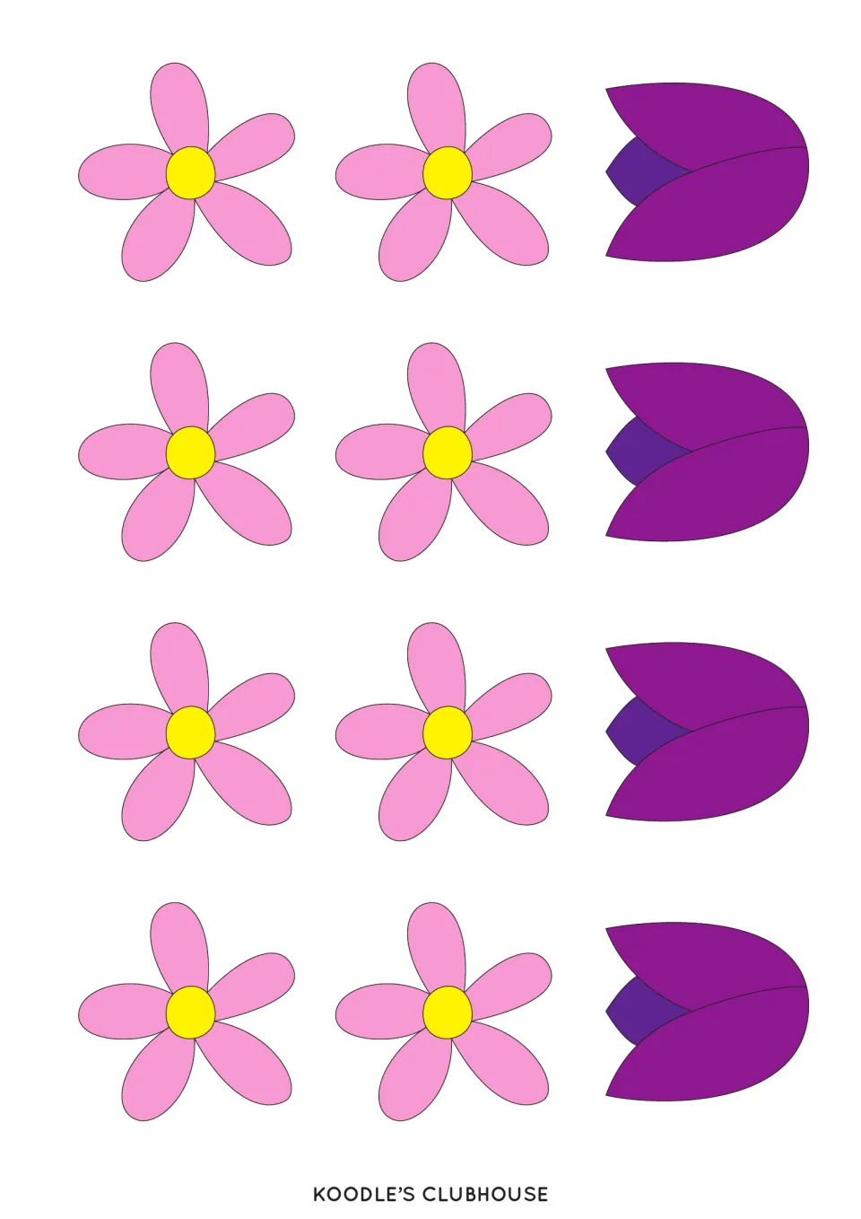 Flower counter sheet 1 contains eight pink flowers and four purple tulips to cut out for filling orders