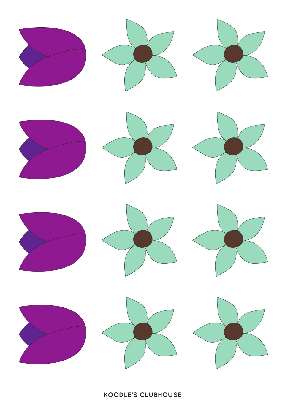 Flower counter sheet 2 contains four purple tulips and eight mint-green flowers for matching order cards