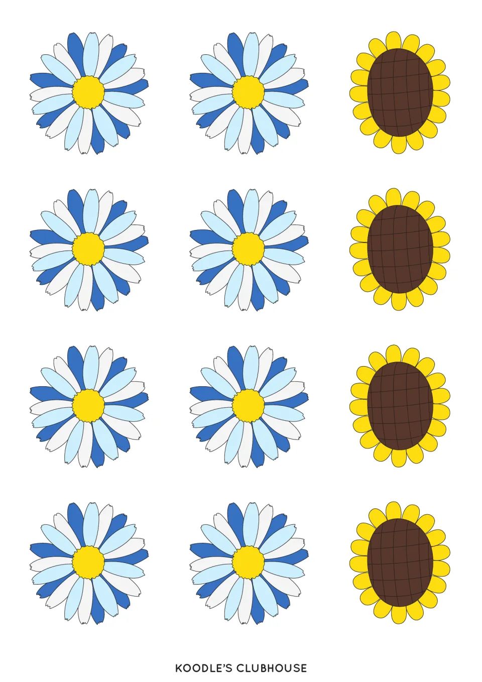 Flower counter sheet 3 contains eight blue-and-white daisies and four sunflowers for filling flower orders