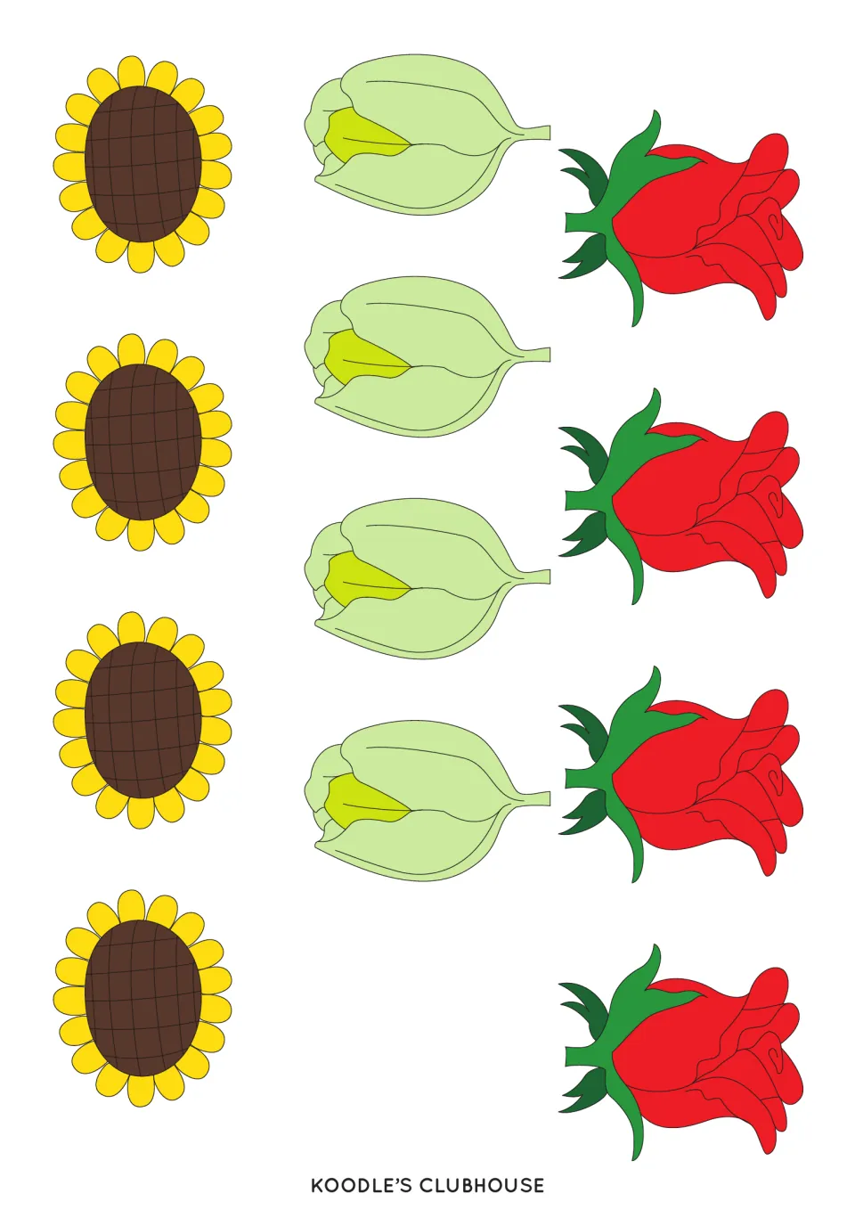 Flower counter sheet 4 contains four sunflowers, four pale green buds, and four red roses for filling orders