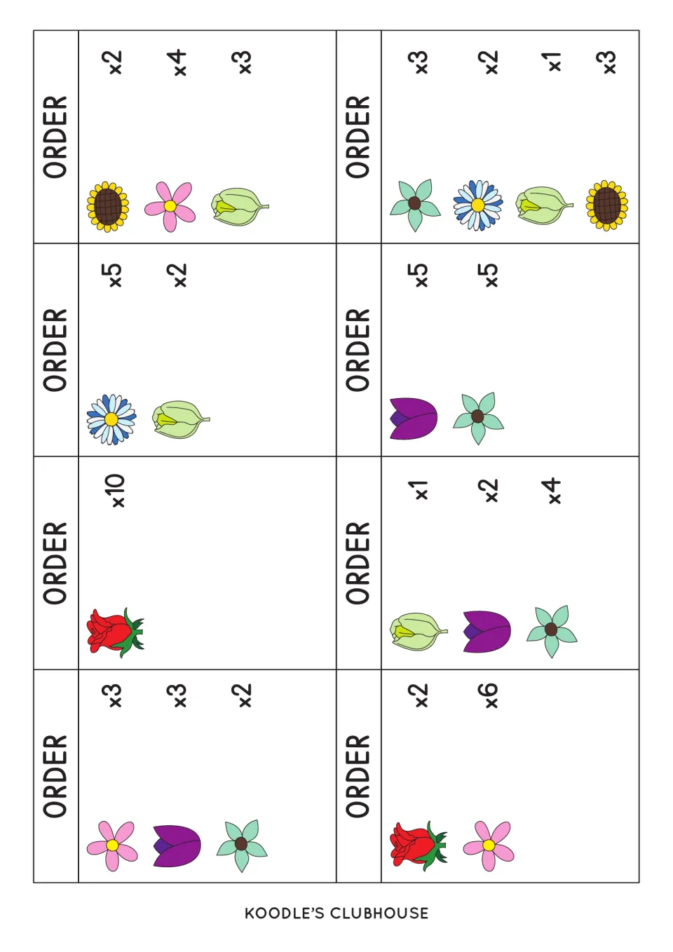 Eight flower order cards show quantities from 1 to 10, including 10 roses and five tulips with five green flowers