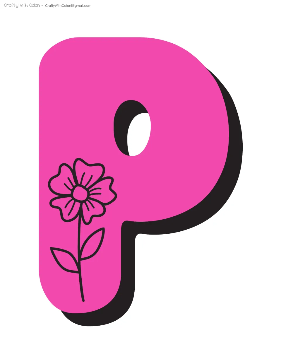Bulletin board title letter P in pink, the tenth supplied lettering sheet for the spring flowers classroom display