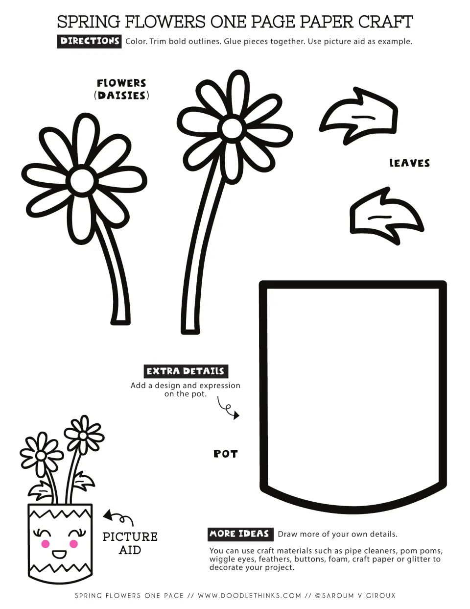 Daisy flower pot paper craft: students color, cut out and glue two daisies, two leaves and a pot, then decorate the pot