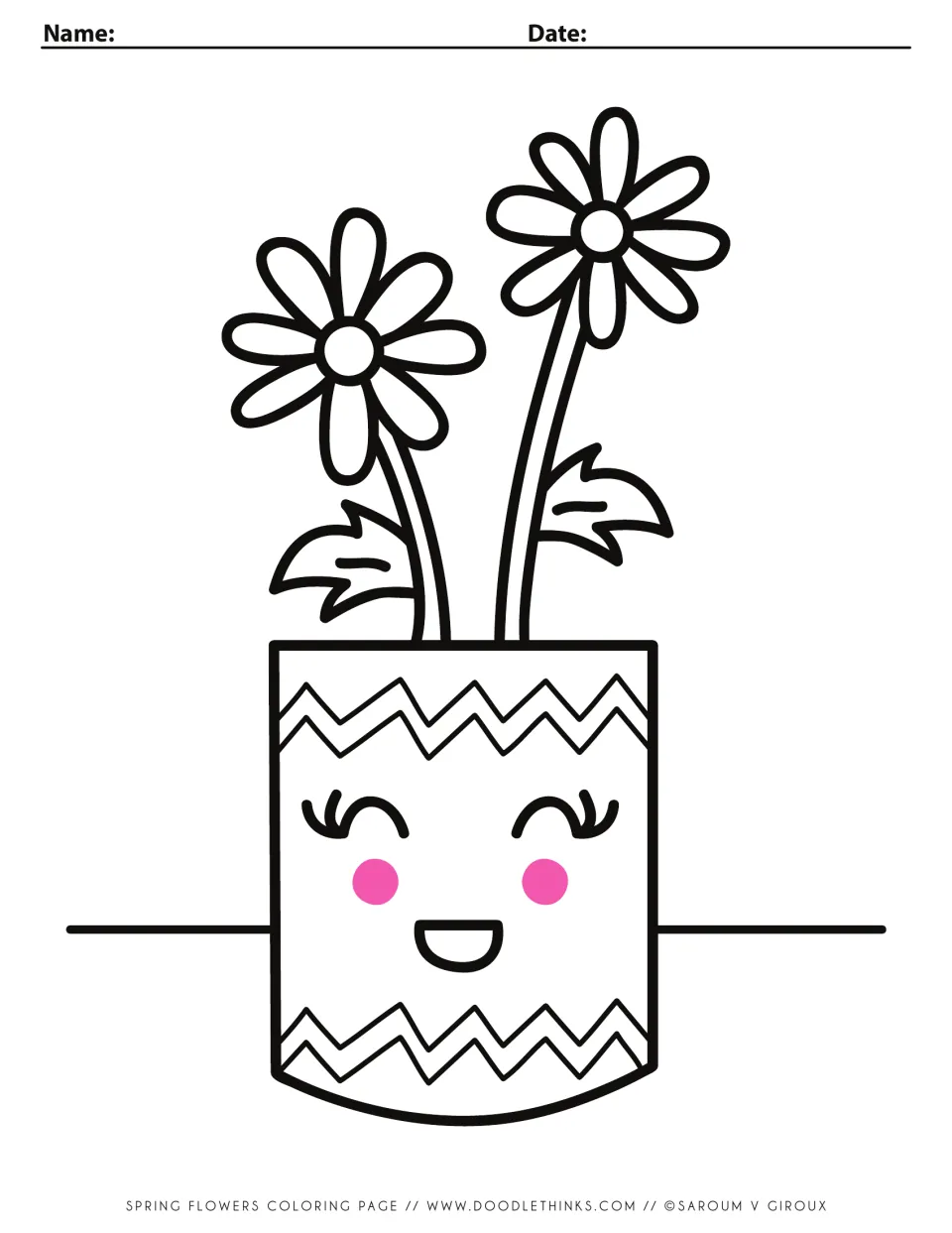 Spring flowers coloring page: two daisies with leaves in a smiling pot with zigzag trim and pink cheeks to color