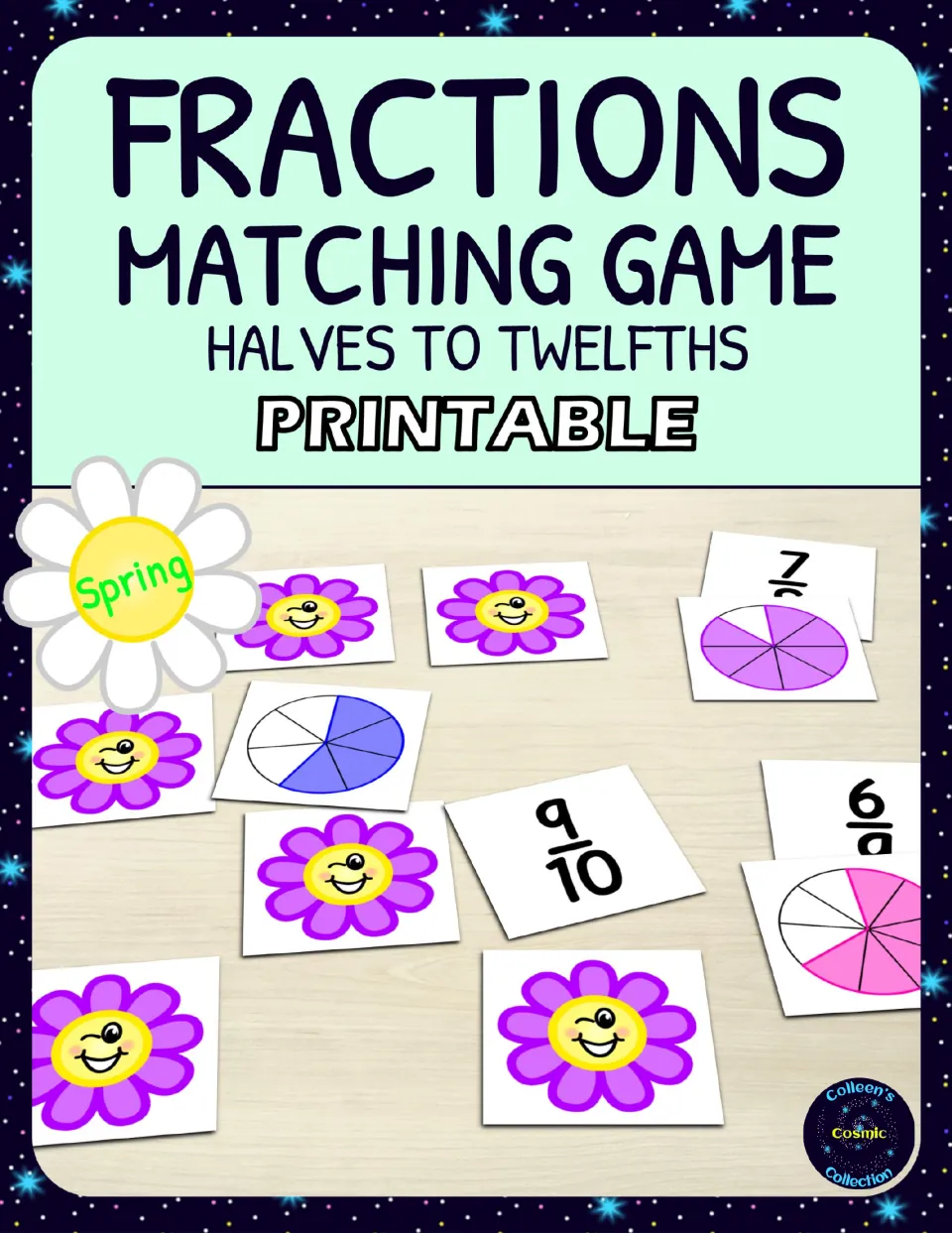 Cover of the printable spring fraction matching game for halves to twelfths, showing model and symbol cards
