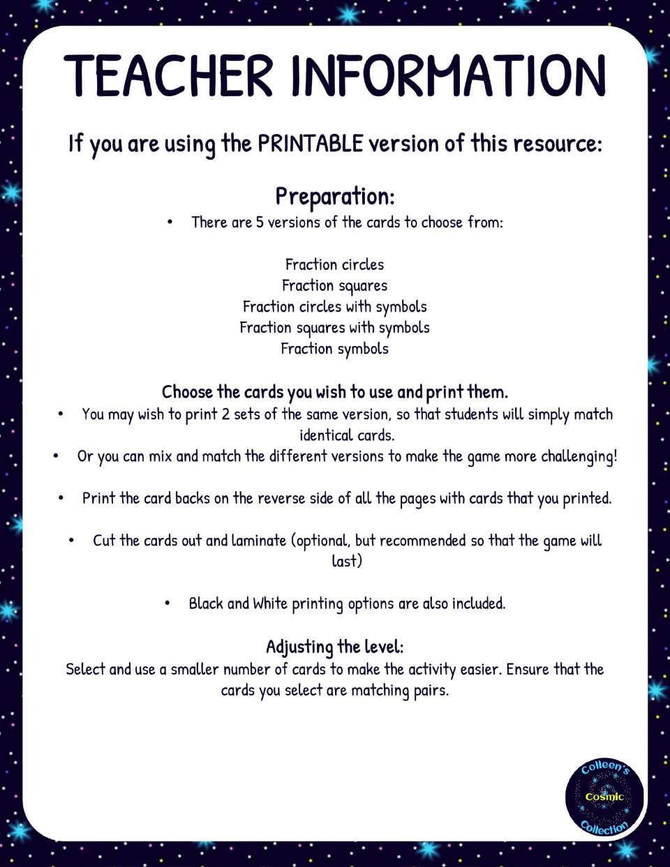 Preparation instructions for five fraction card formats, printing card backs, cutting, and optional laminating