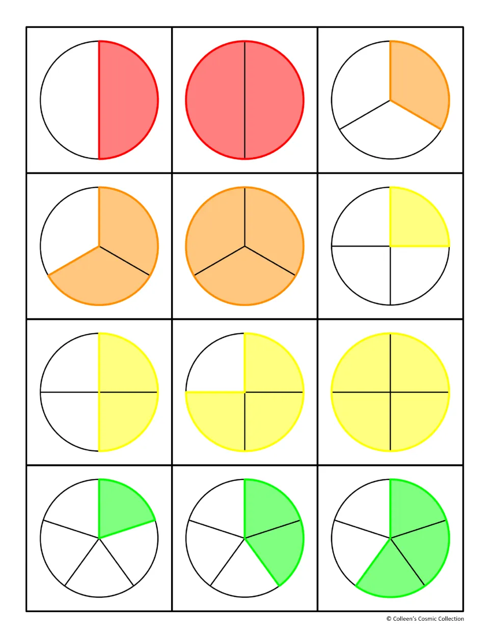 Fraction circle cards 1–12 show shaded halves, thirds, fourths, and fifths, from 1/2 through 3/5