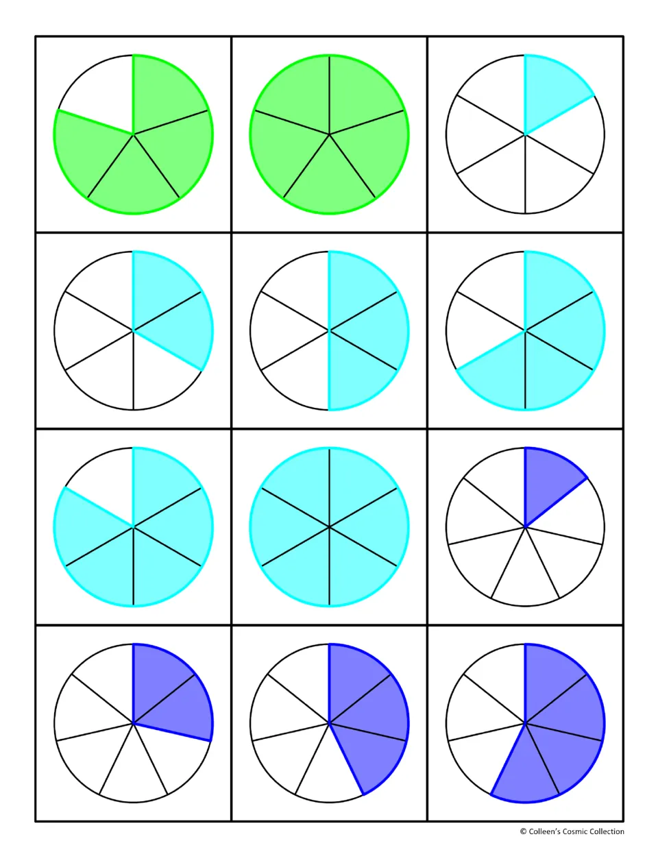 Fraction circle cards 13–24 show shaded fifths, sixths, and sevenths, from 4/5 through 4/7