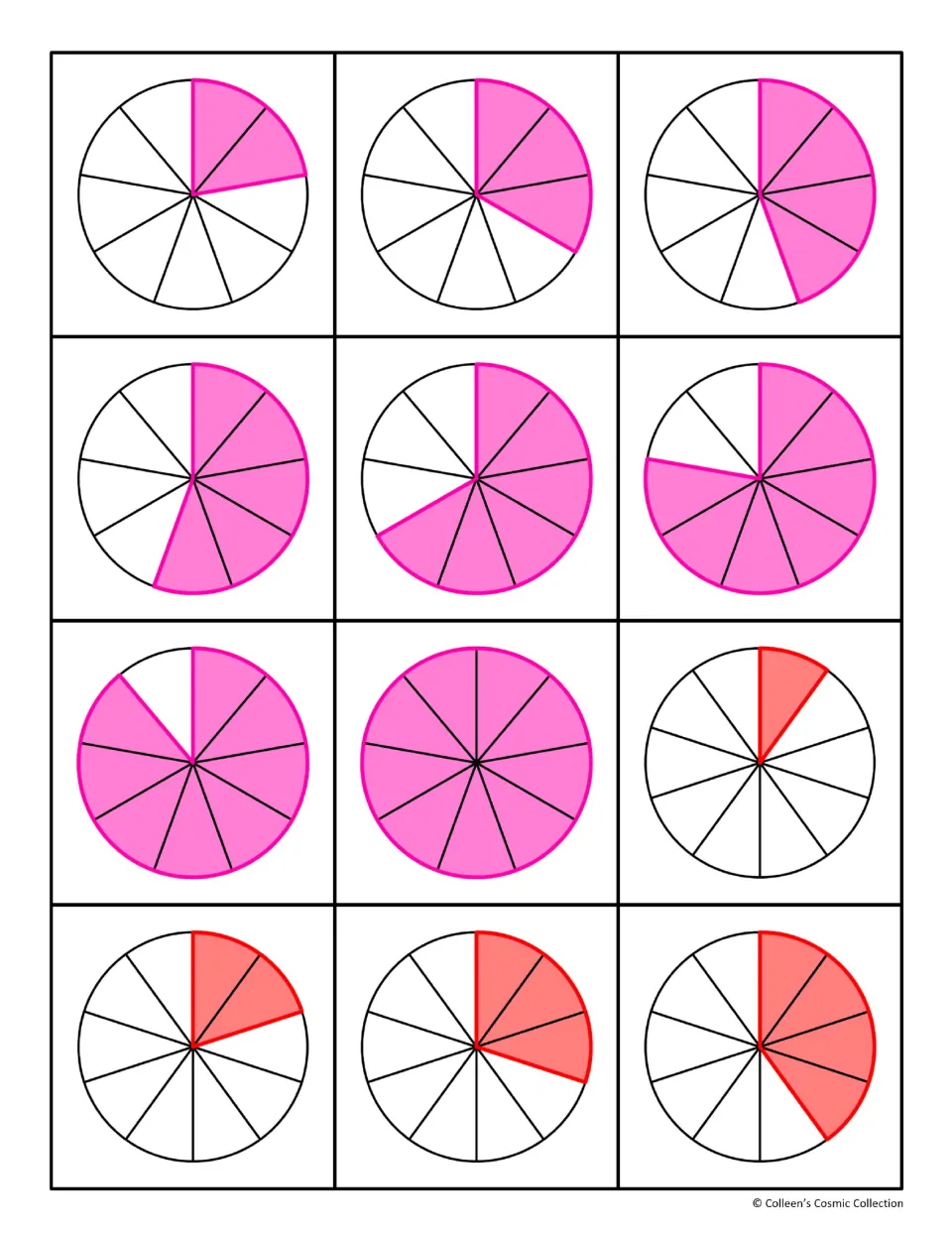 Fraction circle cards 37–48 show shaded ninths from 2/9 to 9/9 and tenths from 1/10 to 4/10