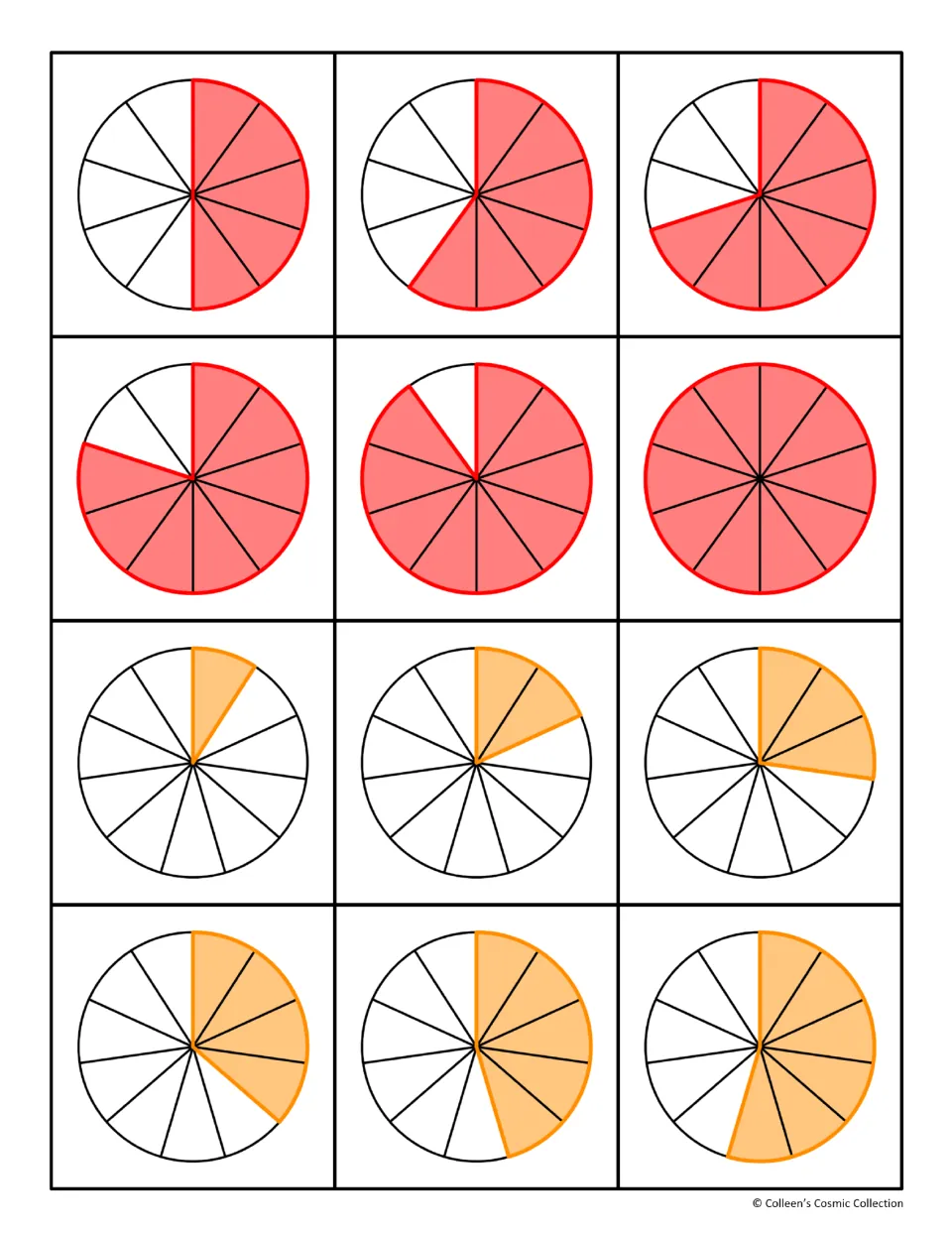 Fraction circle cards 49–60 show shaded tenths from 5/10 to 10/10 and elevenths from 1/11 to 6/11
