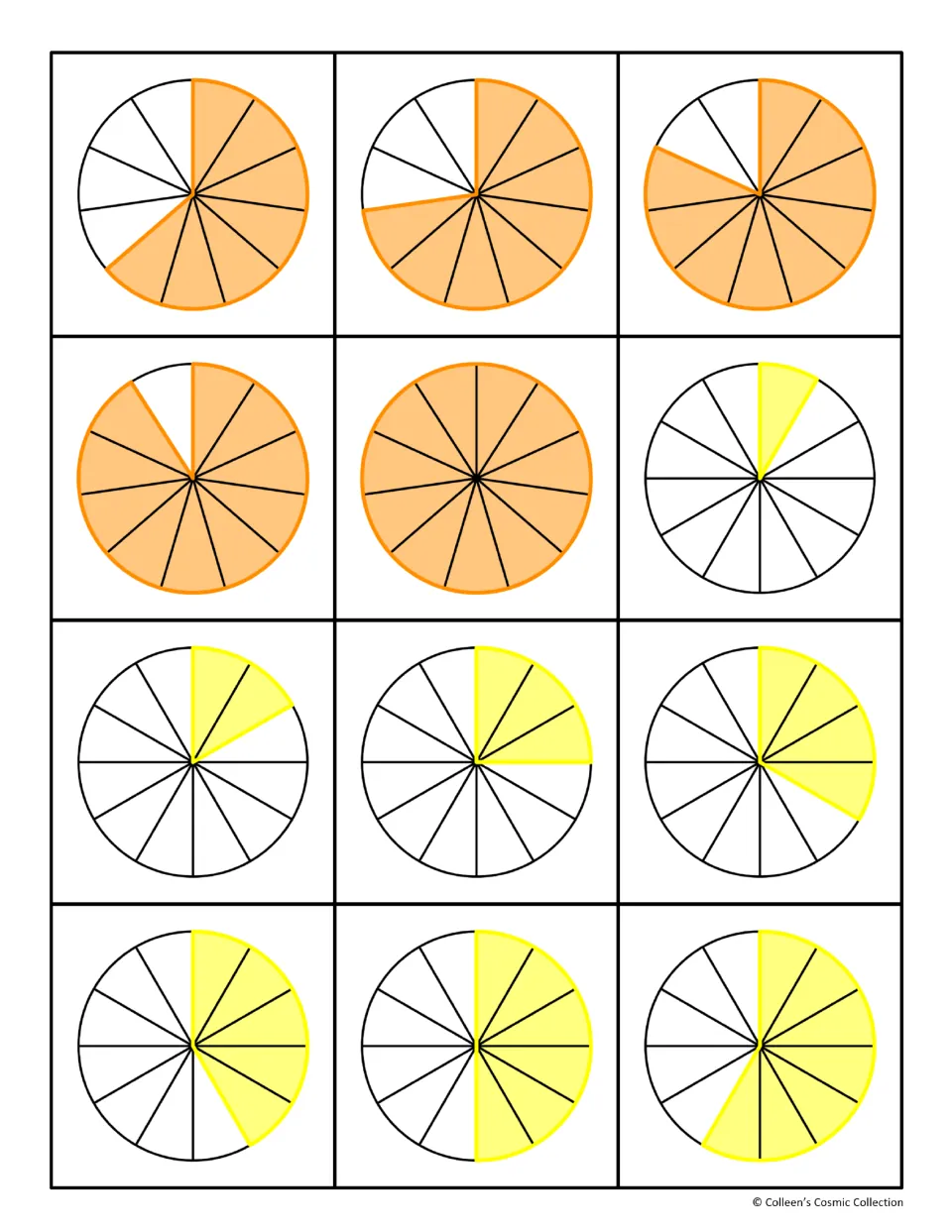Fraction circle cards 61–72 show shaded elevenths from 7/11 to 11/11 and twelfths from 1/12 to 7/12