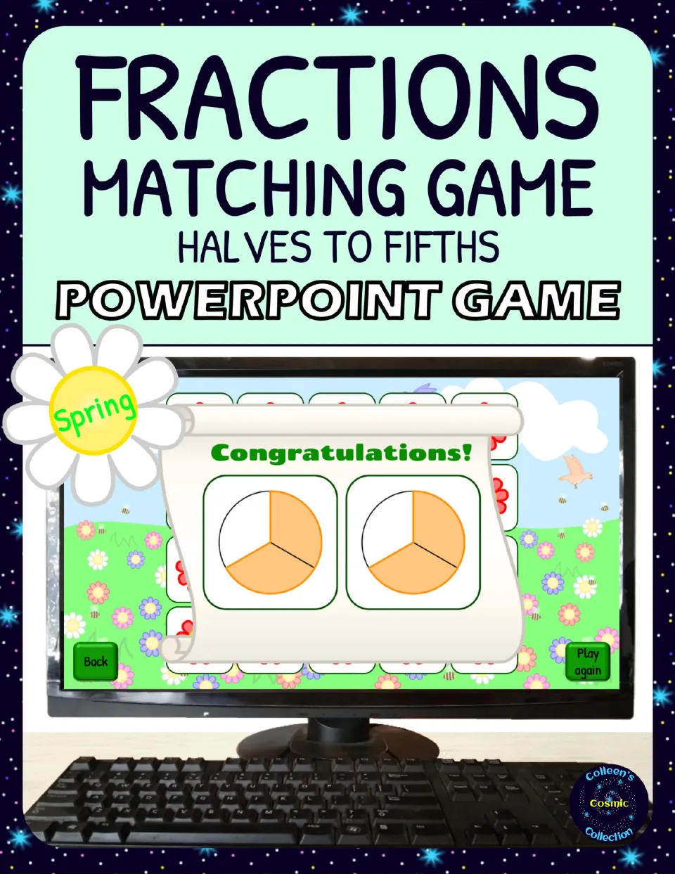 Cover of the spring fractions PowerPoint matching game for halves to fifths, showing two matching circles