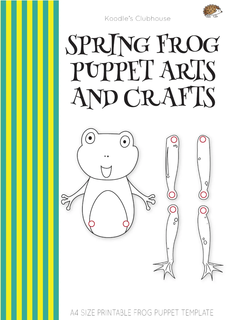 Spring Frog Puppet Arts and Crafts cover: A4 printable frog puppet template showing the frog body and four leg pieces