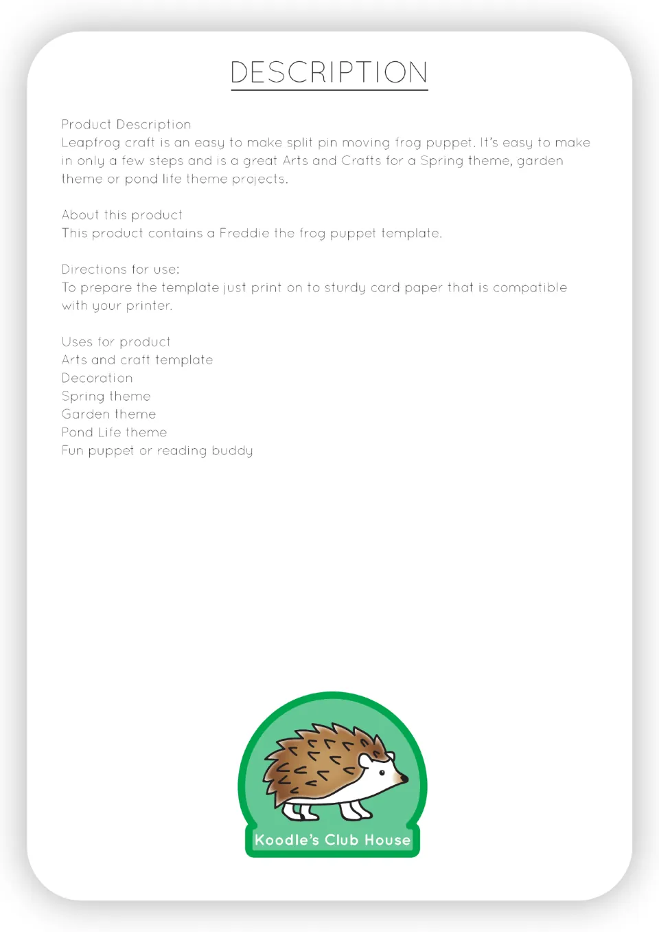 Description of split pin moving frog puppet: Freddie the frog template, print-on-card directions and spring or pond uses