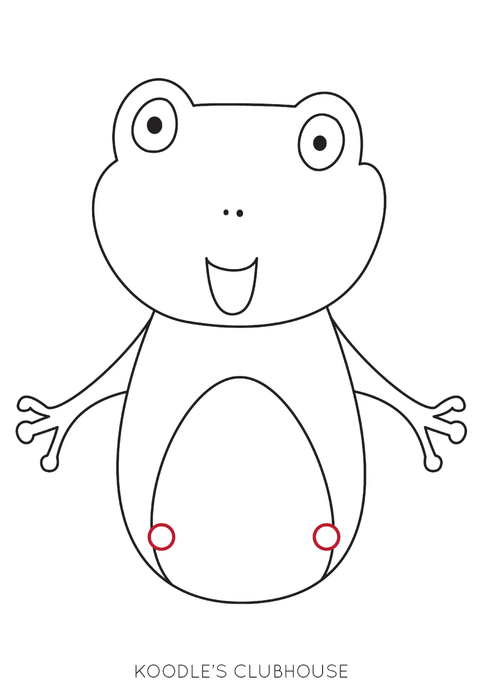 Frog puppet body cut-out piece: smiling frog with arms to color and cut; two red circles mark where the legs pin on
