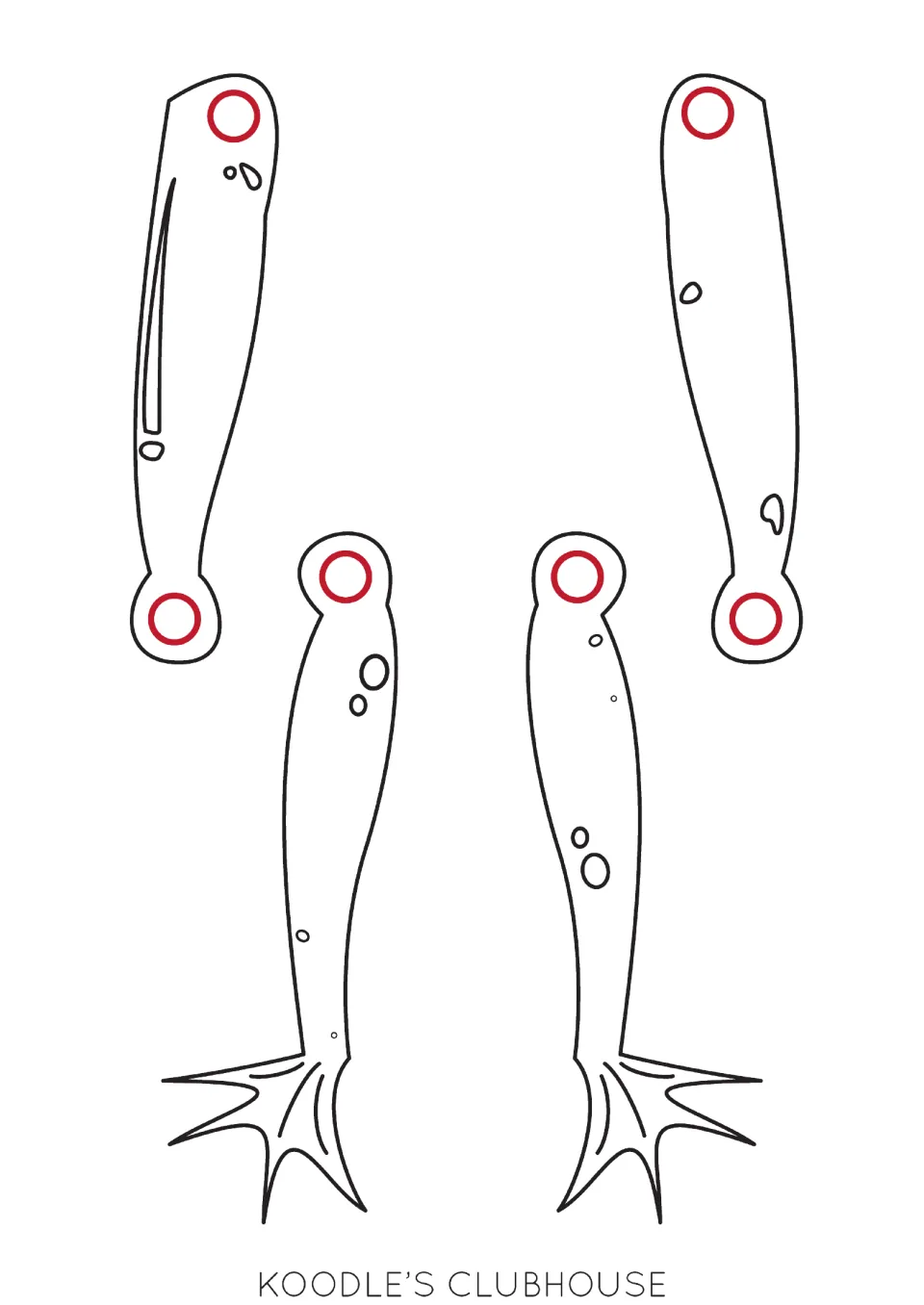Frog leg cut-out pieces: two upper legs and two webbed lower legs to color, cut and join with split pins at red circles