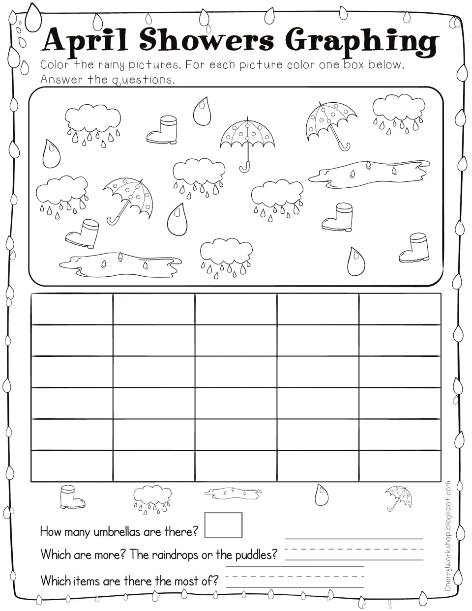 April Showers Graphing: students count boots, clouds, puddles, raindrops and umbrellas, color a bar graph, then compare