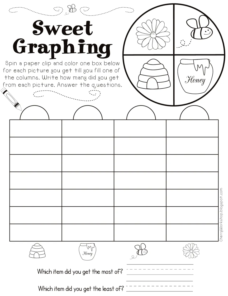 Sweet Graphing: students spin a paper clip on a flower, bee, hive and honey spinner and graph results to find most and least