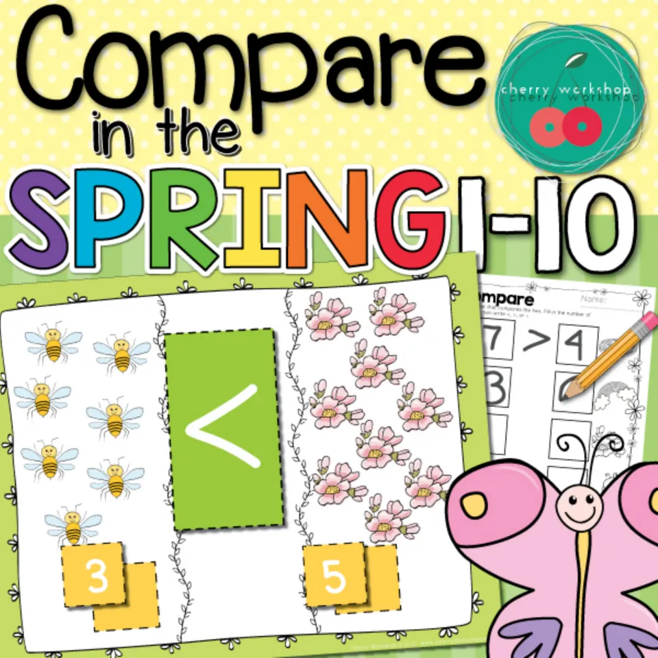 Compare in the Spring 1-10 cover: a bee and flower counting mat with 3 < 5 cards, plus a compare worksheet using > and <