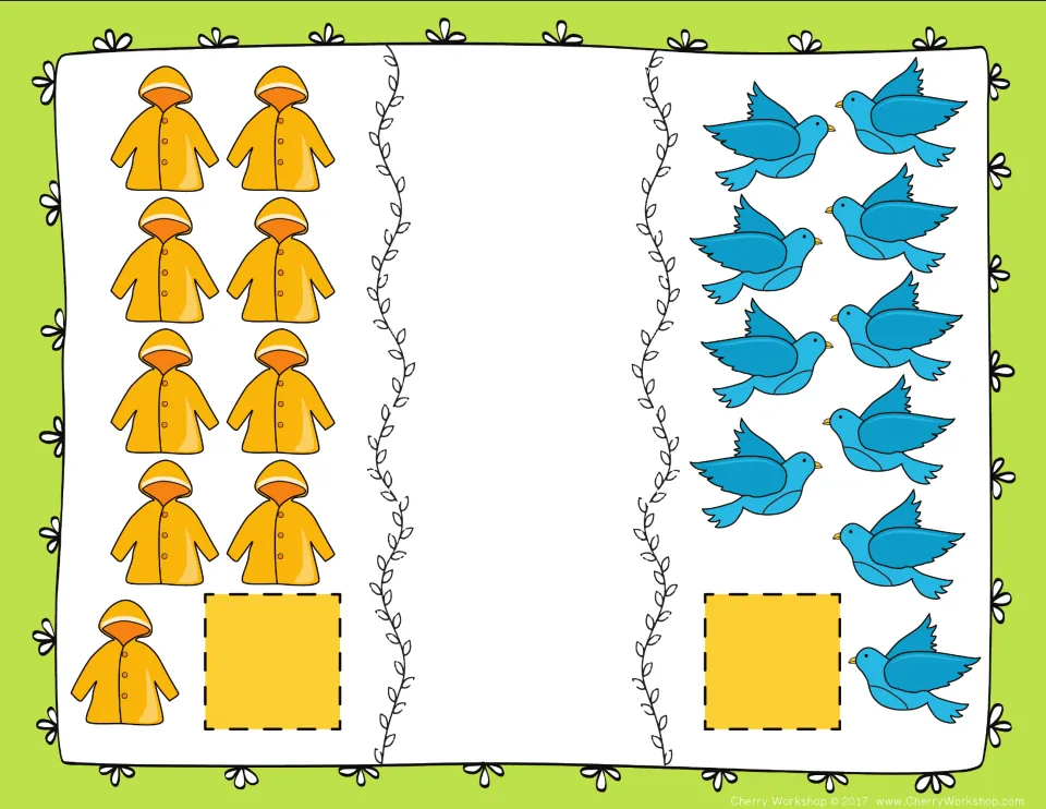 Comparing numbers mat: students count 9 yellow raincoats and 10 bluebirds, then fill each square with a number card
