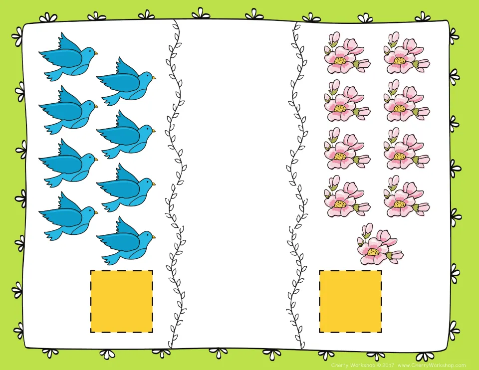 Comparing quantities mat: students count 8 bluebirds and 9 pink blossoms, then set number cards and a symbol between them
