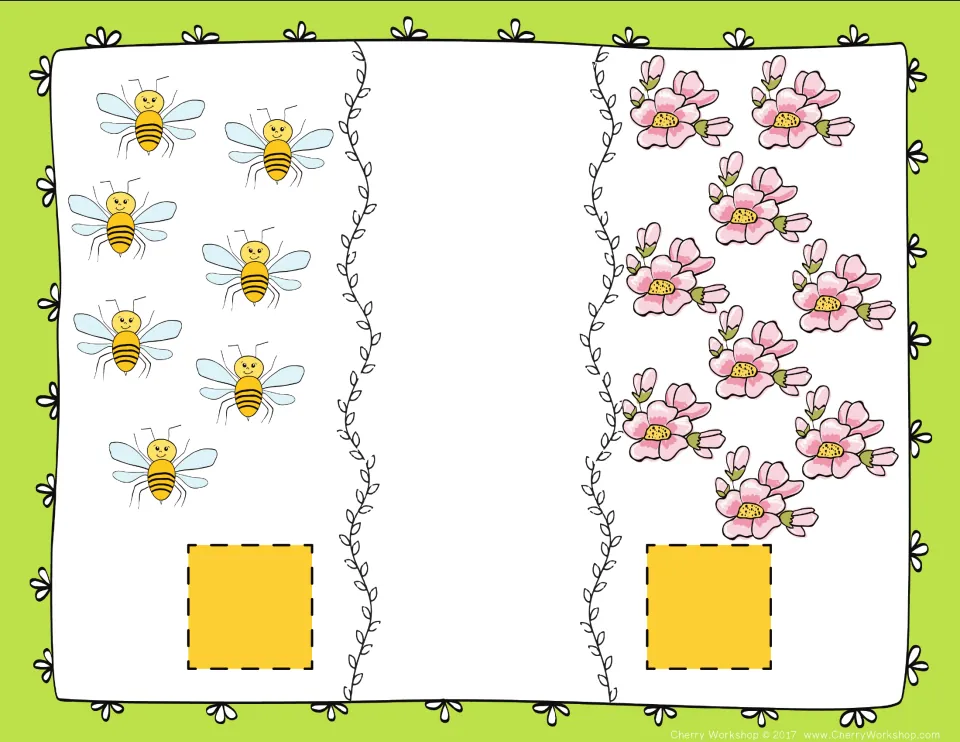 Counting and comparing mat: students count 7 bees and 9 pink flowers and decide which group is greater or less