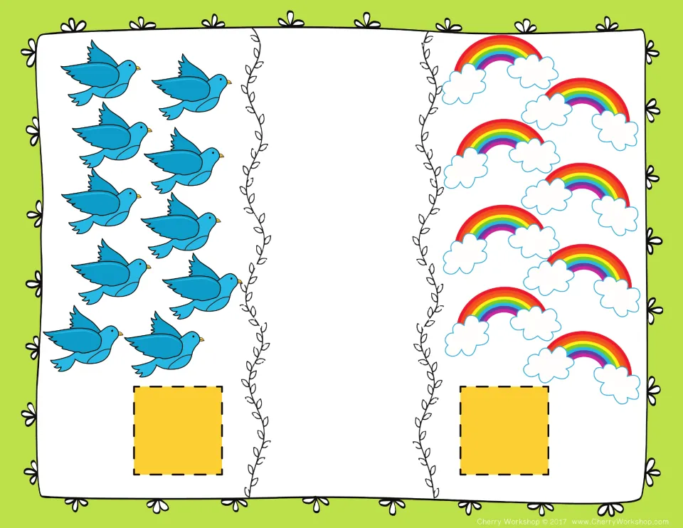 Greater than mat: students count 10 bluebirds and 8 rainbows, place a number card under each group and compare totals