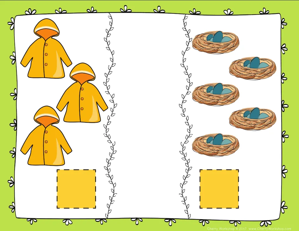 Comparing small numbers mat: students count 3 raincoats and 5 nests of blue eggs, then show which set is fewer