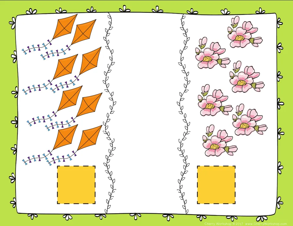 Comparing sets mat: students count 8 orange kites and 6 pink flowers, add number cards and choose the greater group